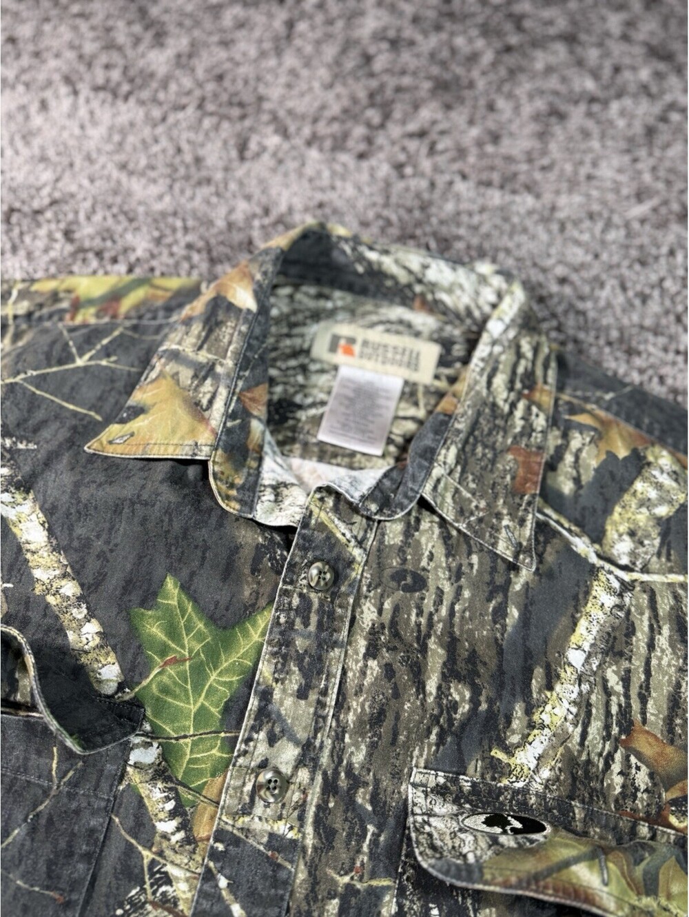 Russell Outdoors Shirt Mens XL Green Mossy Oak Camo Short Sleeve Button